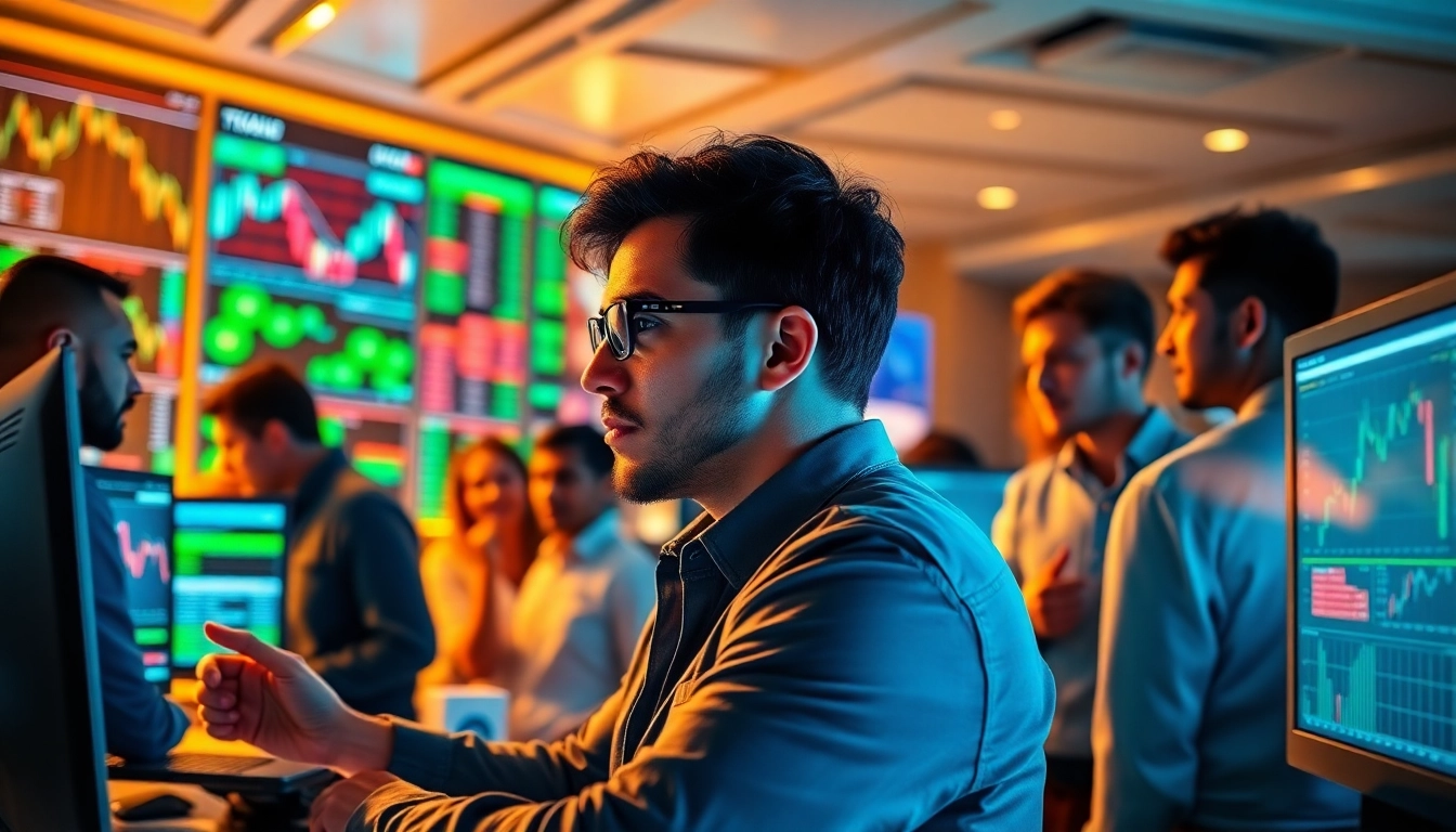 Engaged trader analyzing financial data and discussing tradings strategies with a diverse group at a modern trading platform.
